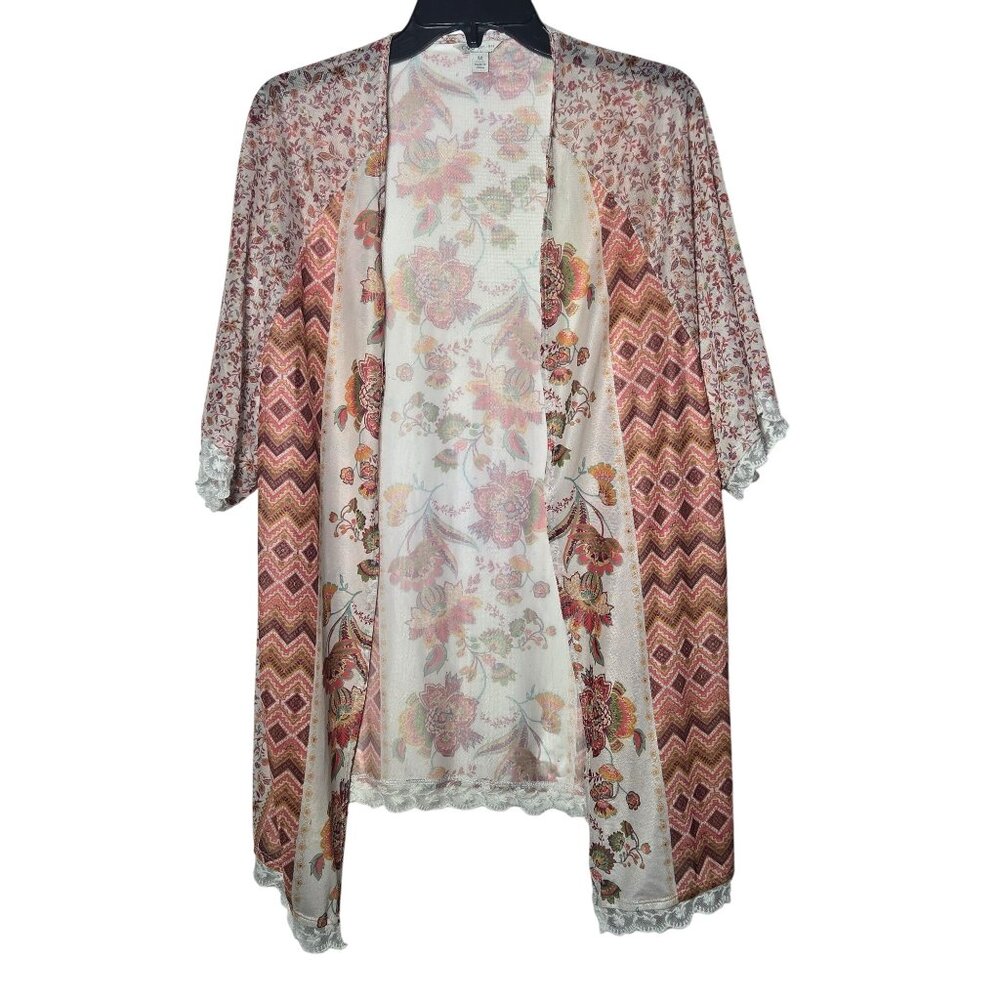 Cato Womens Multicolor Paisley Floral Open Front Cardigan Size Medium Sheer Lace